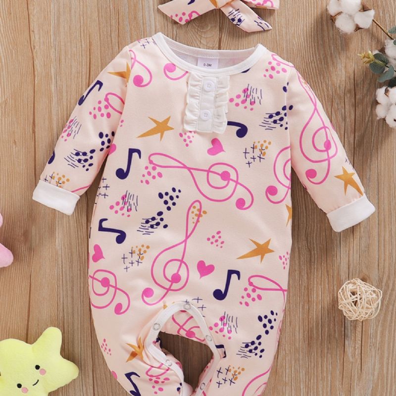 Baby Piger Note Full Print Langærmet Jumpsuit + Hovedtørklæde