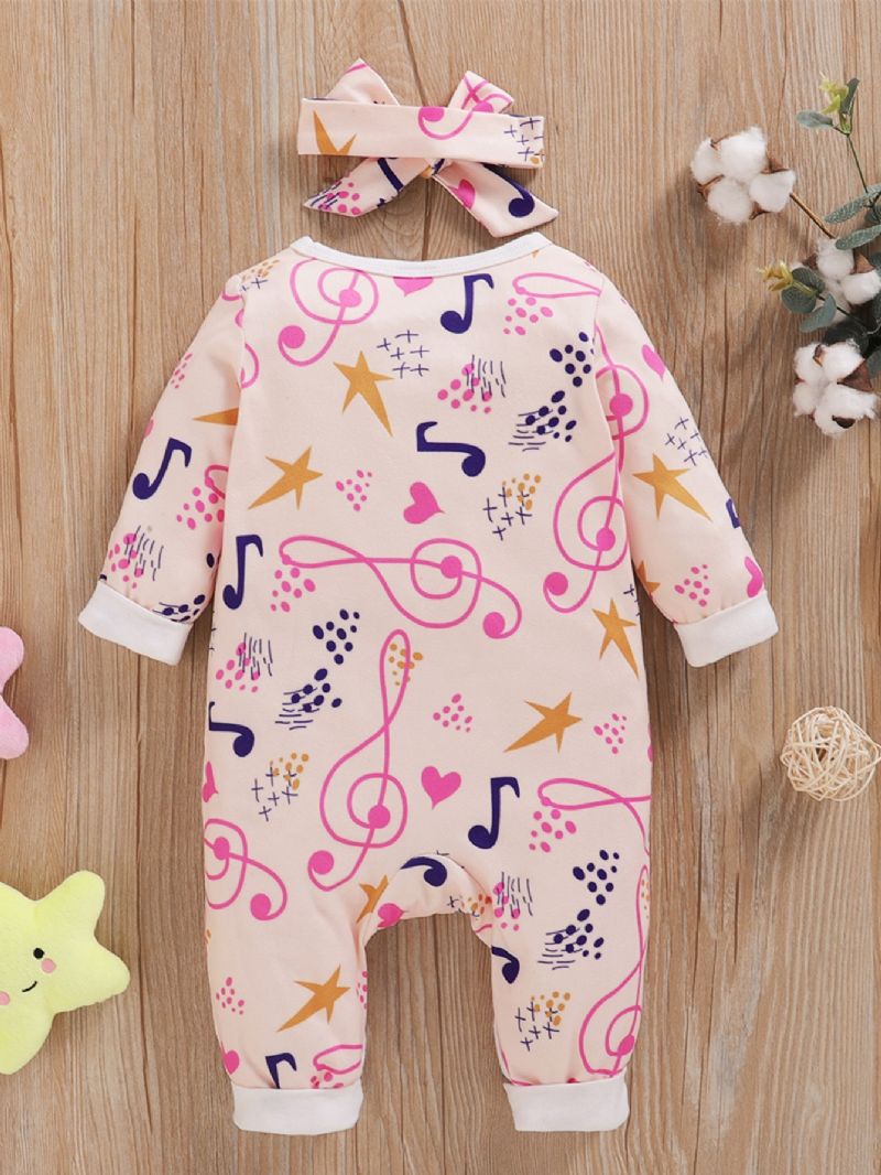Baby Piger Note Full Print Langærmet Jumpsuit + Hovedtørklæde