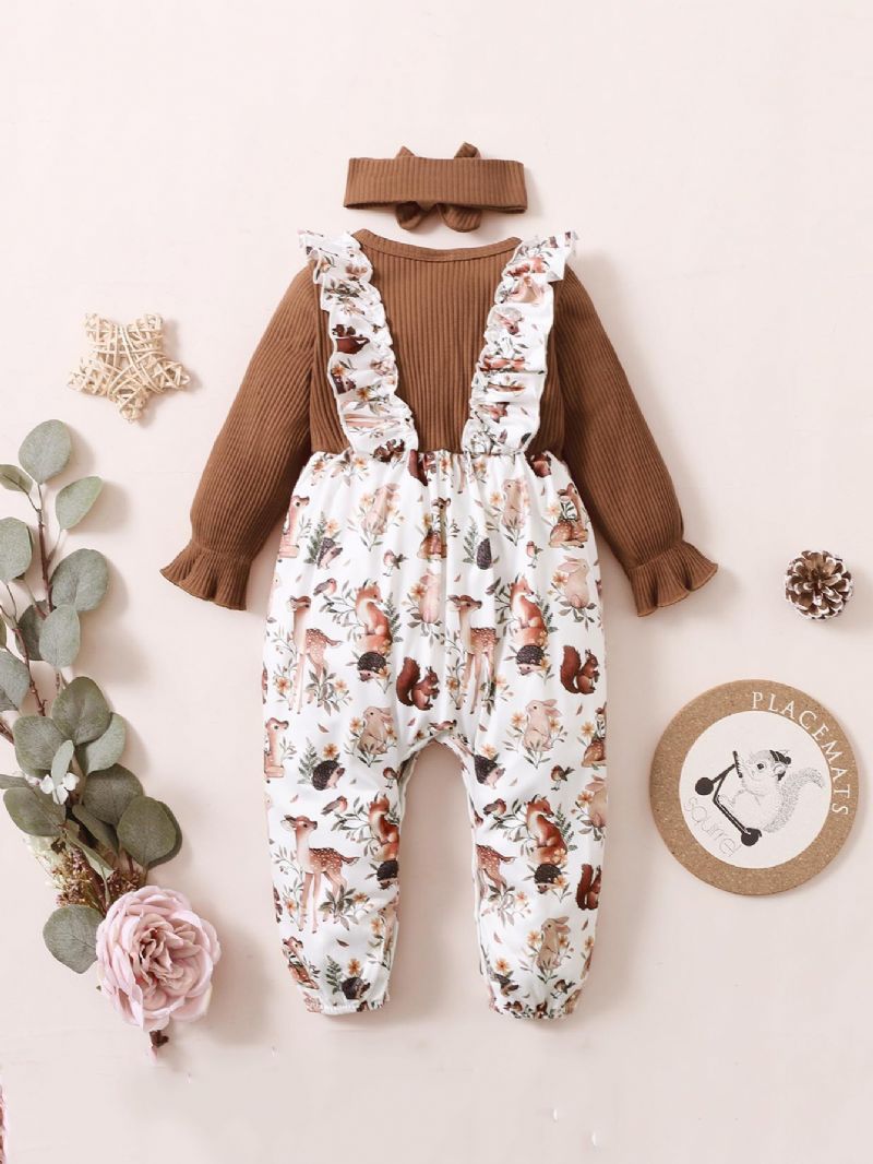 Baby Piger Romper Langærmet Dyreprint Jumpsuit & Pandebånd