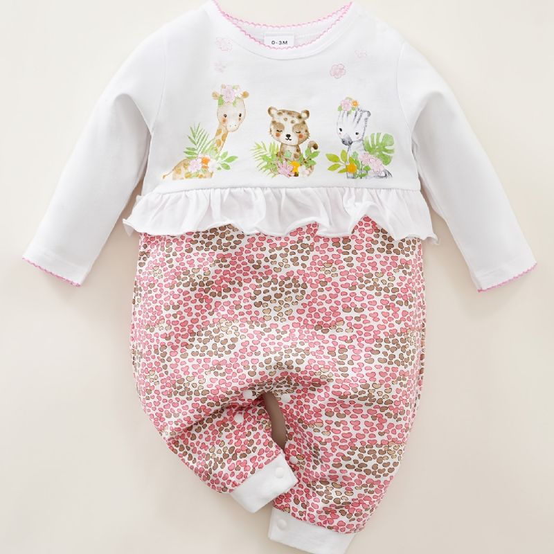 Baby Piger Rompers Søde Tegneserie Dyr Langærmet Blomster Trim Rund Hals Jumpsuit