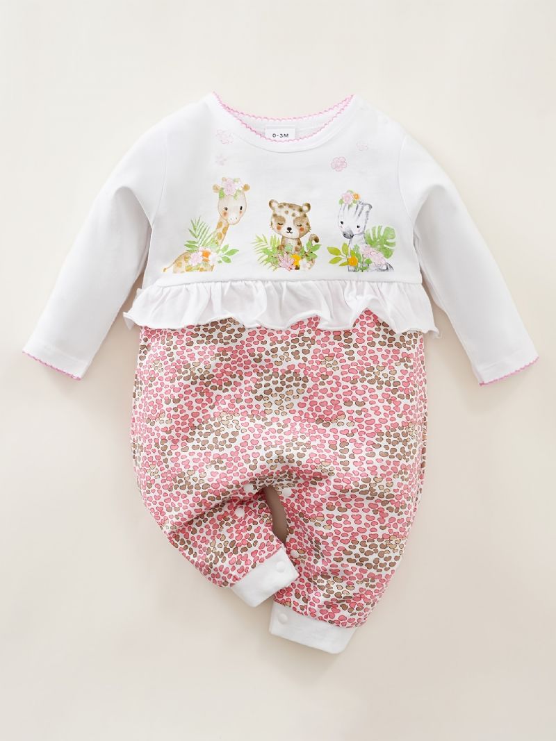 Baby Piger Rompers Søde Tegneserie Dyr Langærmet Blomster Trim Rund Hals Jumpsuit