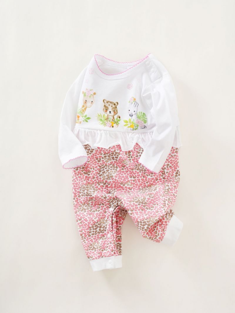 Baby Piger Rompers Søde Tegneserie Dyr Langærmet Blomster Trim Rund Hals Jumpsuit