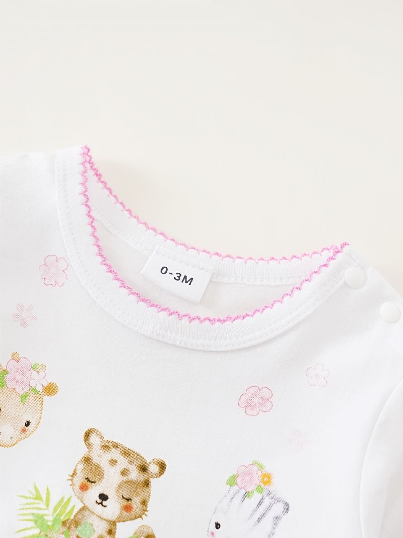 Baby Piger Rompers Søde Tegneserie Dyr Langærmet Blomster Trim Rund Hals Jumpsuit