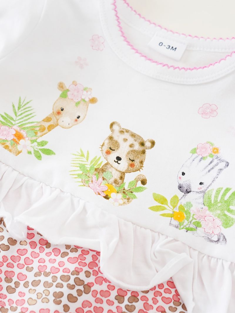 Baby Piger Rompers Søde Tegneserie Dyr Langærmet Blomster Trim Rund Hals Jumpsuit