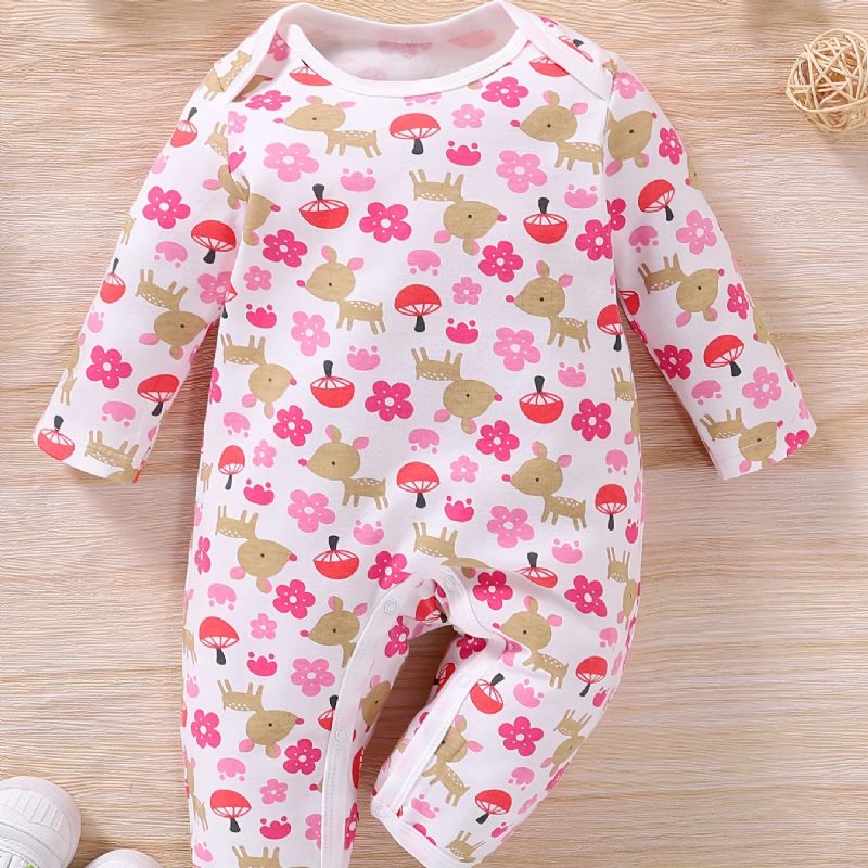 Baby Piger Sød Tegneserie Blomster Hjorte Print Romper Langærmet Rundhals Casual Jumpsuit