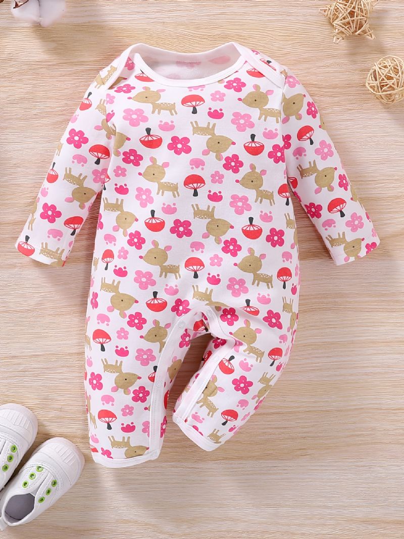 Baby Piger Sød Tegneserie Blomster Hjorte Print Romper Langærmet Rundhals Casual Jumpsuit