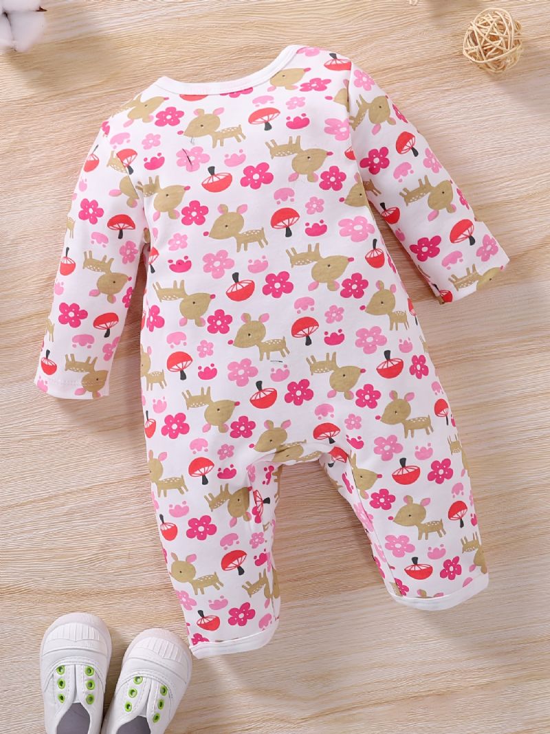 Baby Piger Sød Tegneserie Blomster Hjorte Print Romper Langærmet Rundhals Casual Jumpsuit