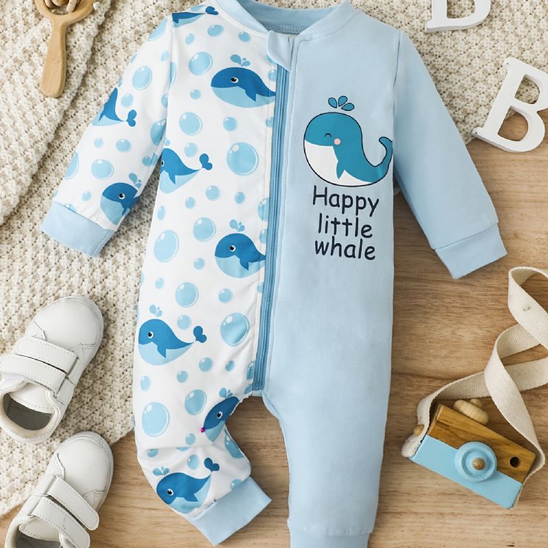 Baby Piger Sød Tegneserie Hval Print Bomuld Jumpsuit Romper Med Lynlås