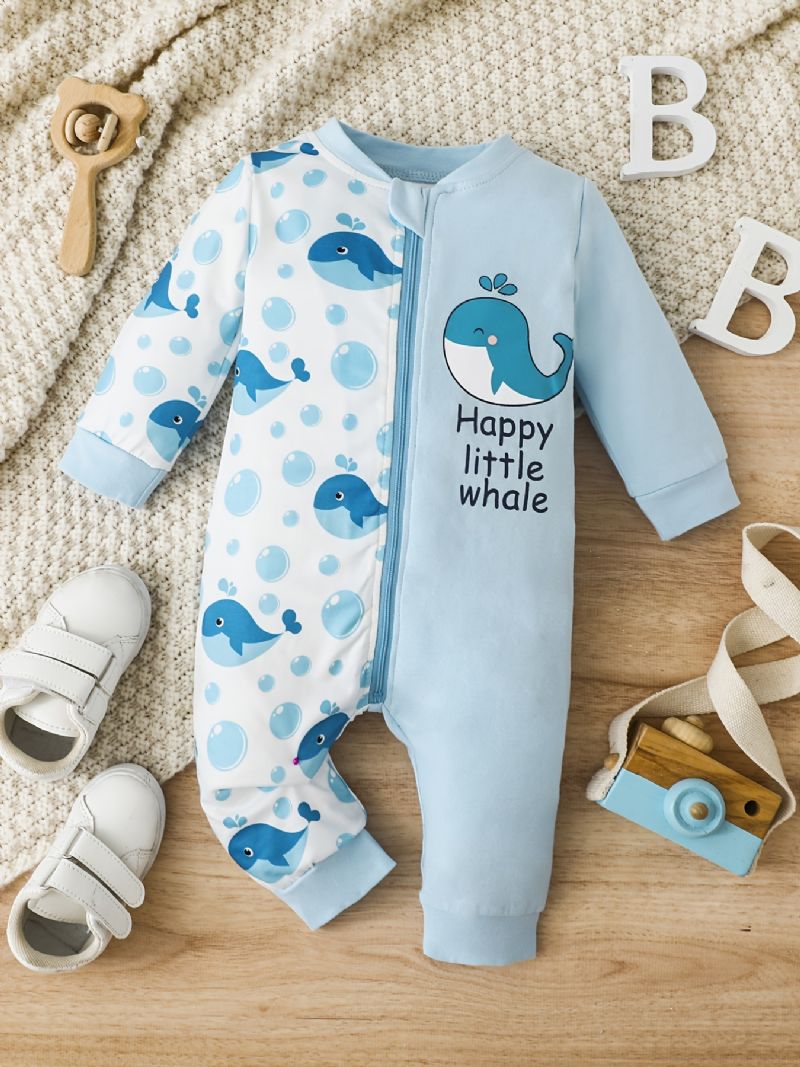 Baby Piger Sød Tegneserie Hval Print Bomuld Jumpsuit Romper Med Lynlås