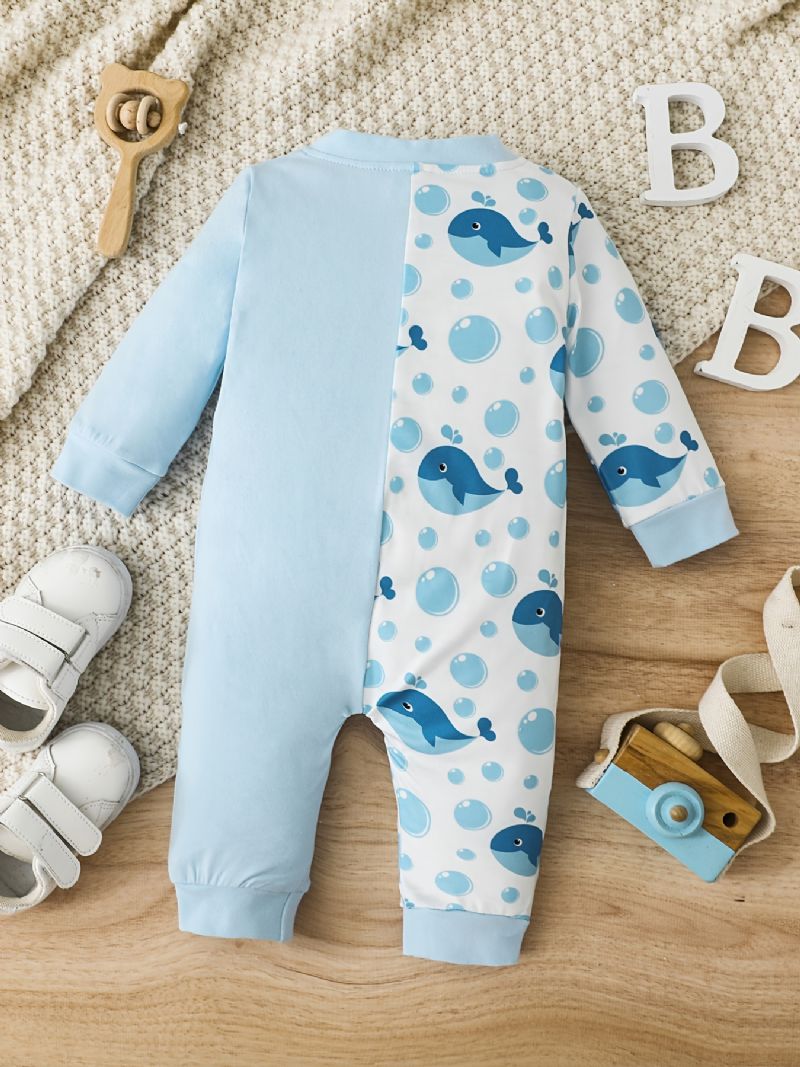 Baby Piger Sød Tegneserie Hval Print Bomuld Jumpsuit Romper Med Lynlås