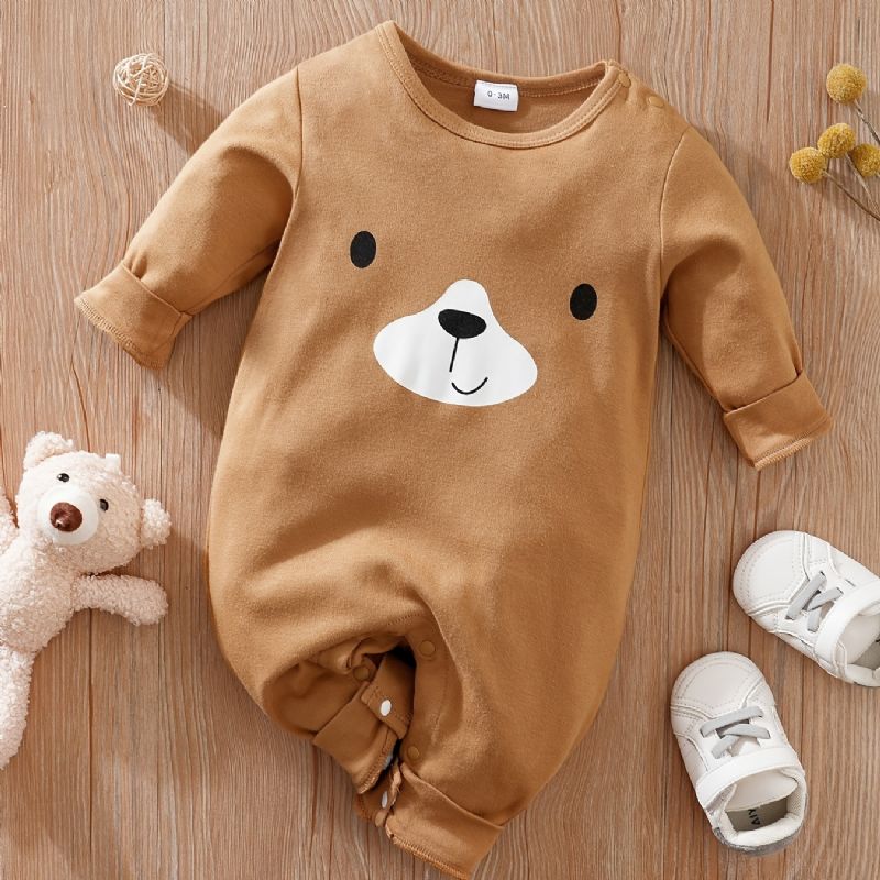 Baby Romper Sød Bear Print Rund Hals Langærmet Jumpsuit Piger Drenge Børn Tøj