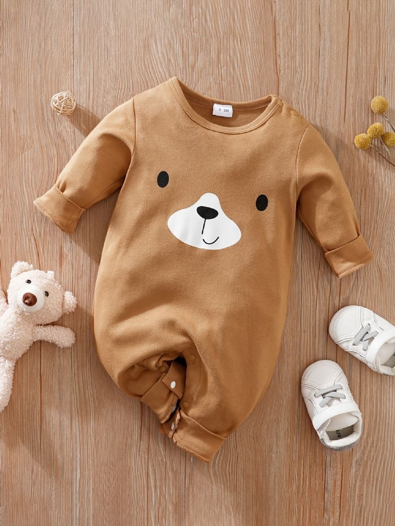 Baby Romper Sød Bear Print Rund Hals Langærmet Jumpsuit Piger Drenge Børn Tøj