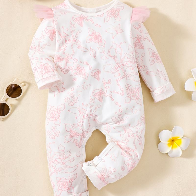 Babypige Jumpsuit Med Flæseærmer Med Lange Ærmer Med Blomsterprint