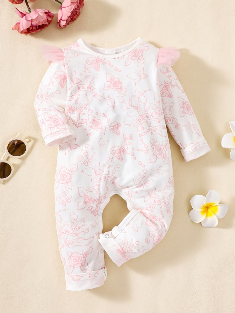 Babypige Jumpsuit Med Flæseærmer Med Lange Ærmer Med Blomsterprint