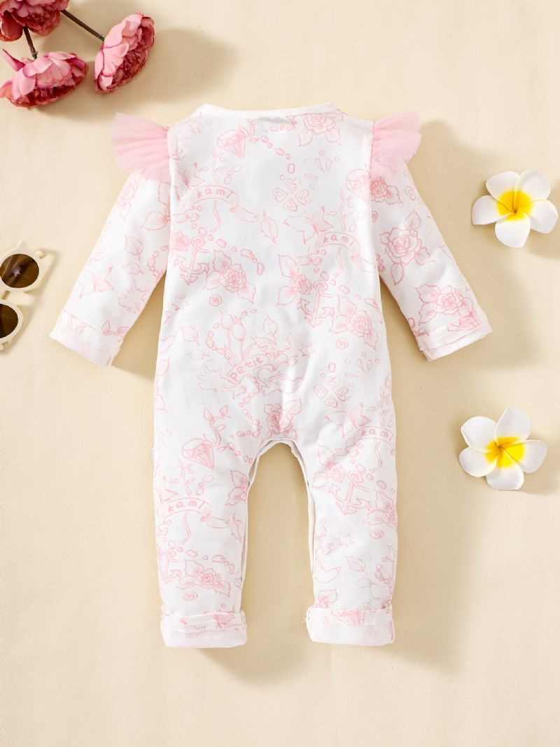 Babypige Jumpsuit Med Flæseærmer Med Lange Ærmer Med Blomsterprint