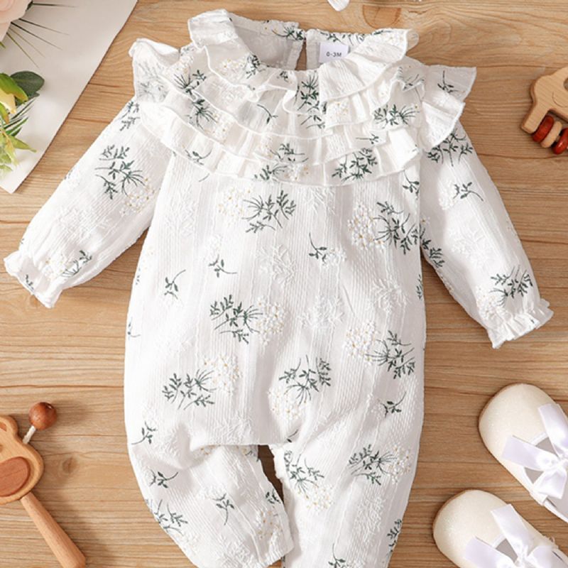 Babypige Sweet Floral Print Flæseærmer Jumpsuit & Hårbånd Babytøj