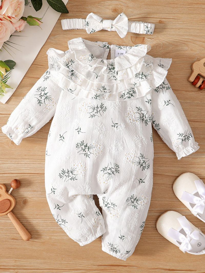 Babypige Sweet Floral Print Flæseærmer Jumpsuit & Hårbånd Babytøj