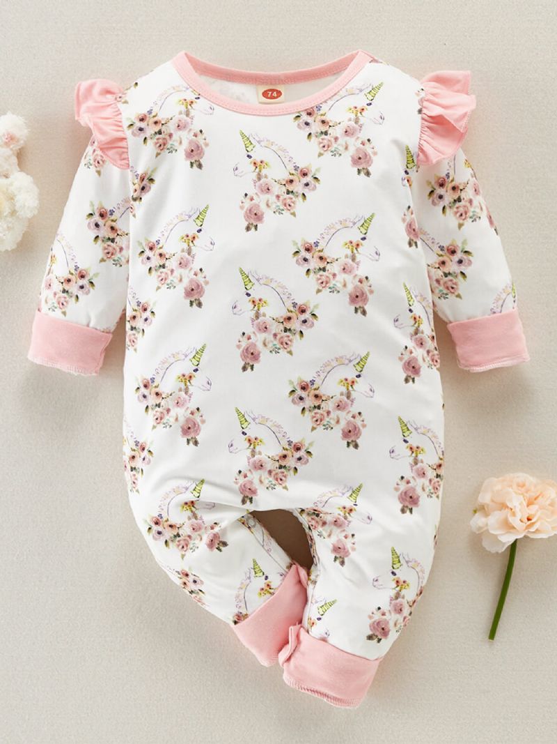 Babypige Unicorn Jumpsuit Med Blomstertrykt Flæse