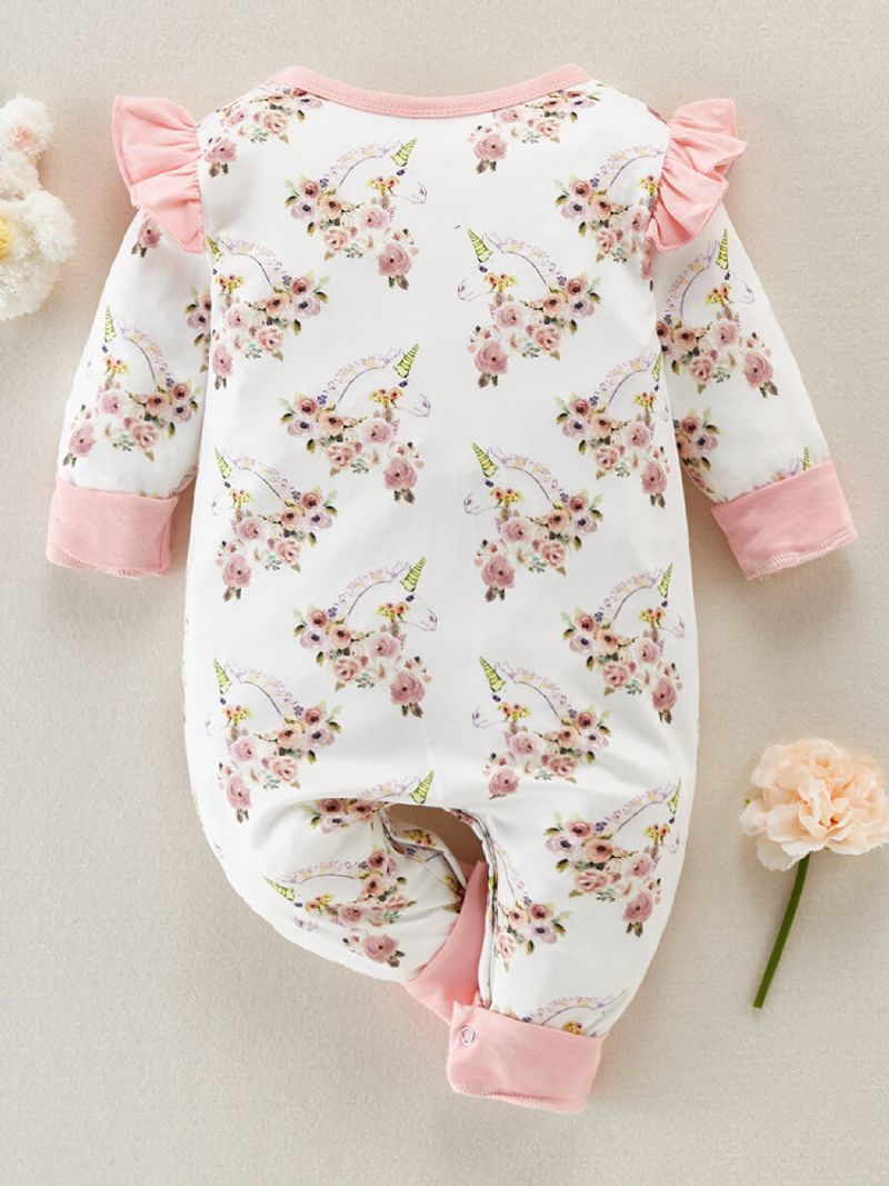 Babypige Unicorn Jumpsuit Med Blomstertrykt Flæse