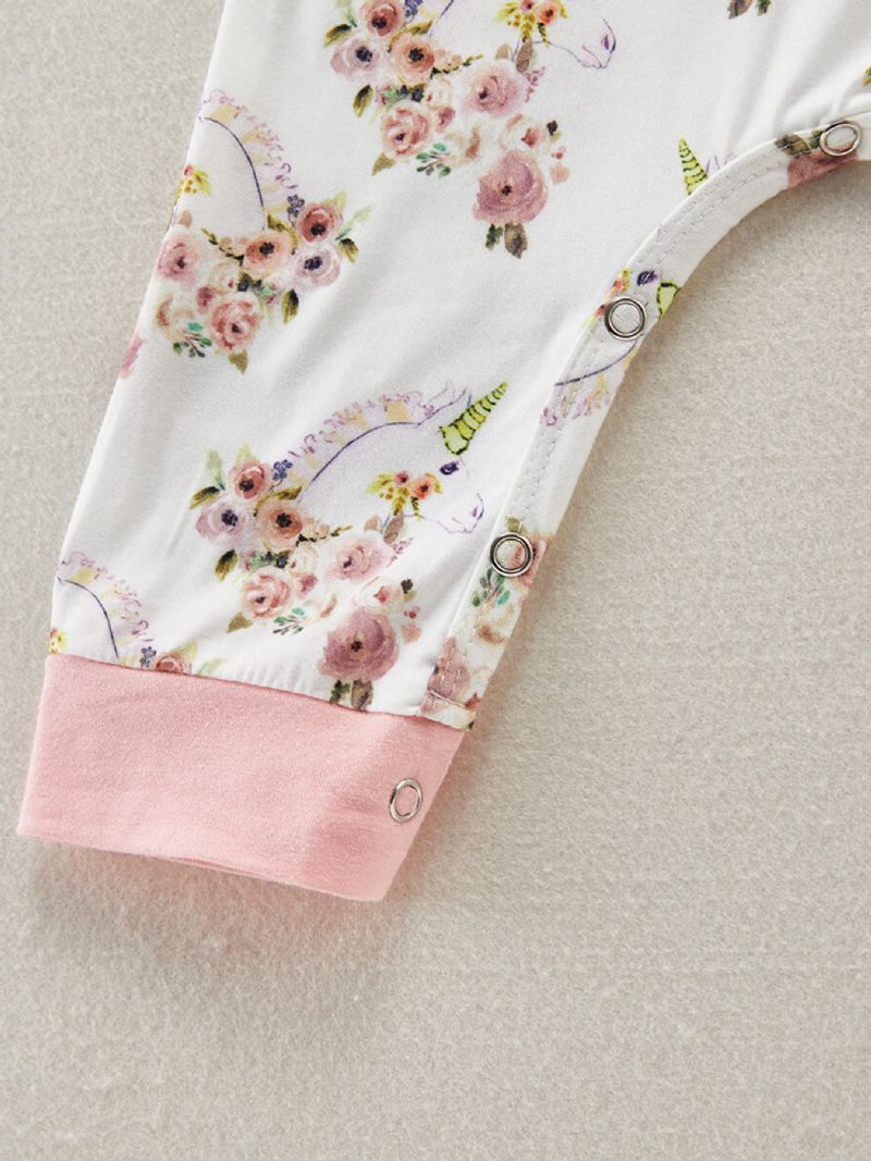 Babypige Unicorn Jumpsuit Med Blomstertrykt Flæse