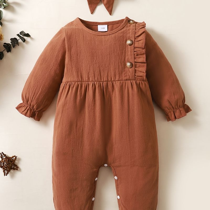 Babypiger Ensfarvet Jumpsuit Romper Med Hårbånd