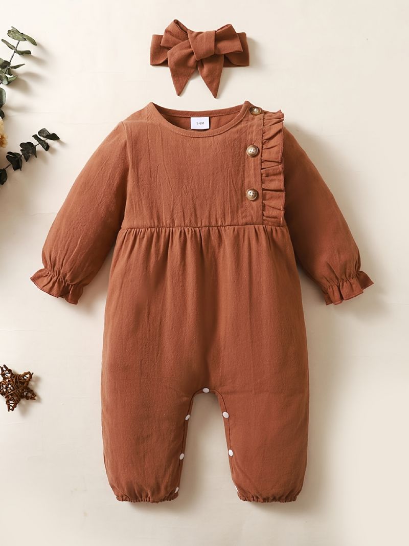 Babypiger Ensfarvet Jumpsuit Romper Med Hårbånd