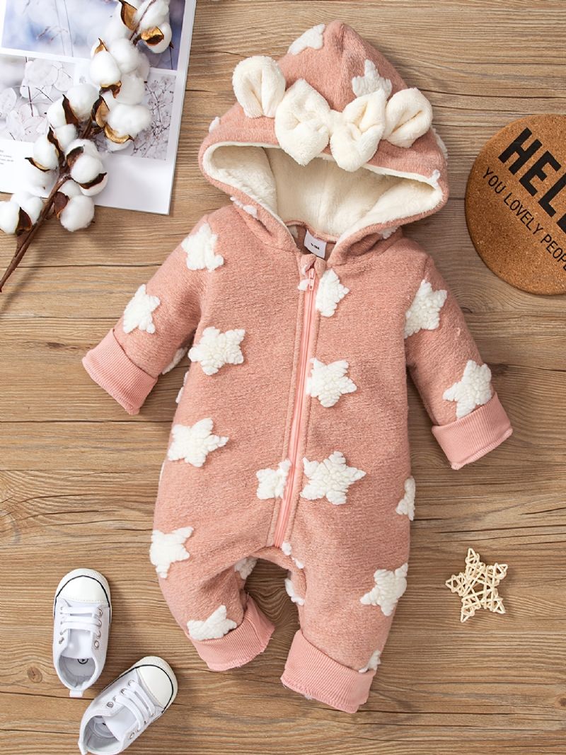 Babypiger Fleece Jumpsuit Med Hætte Med Sløjfestjernedekor Til Vinter Babytøj