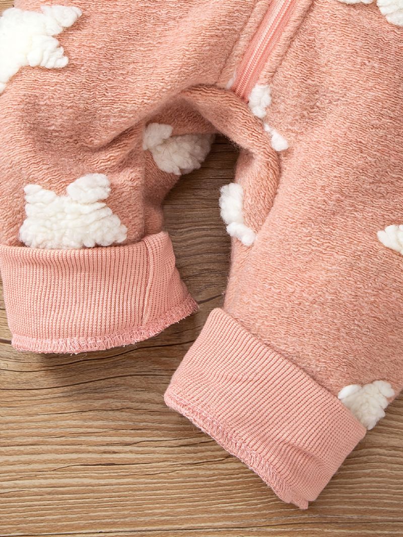 Babypiger Fleece Jumpsuit Med Hætte Med Sløjfestjernedekor Til Vinter Babytøj