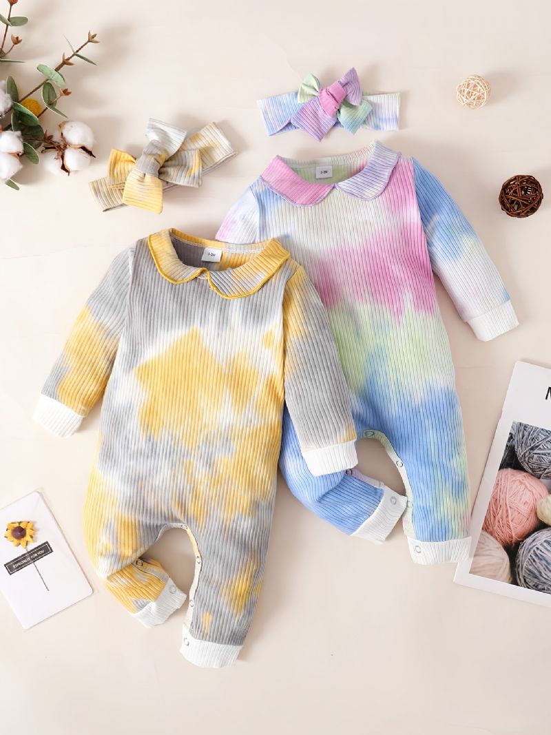 Babypiger Jumpsuits Langærmede Tie Dye Rompers & Sløjfe Pandebånd Sæt