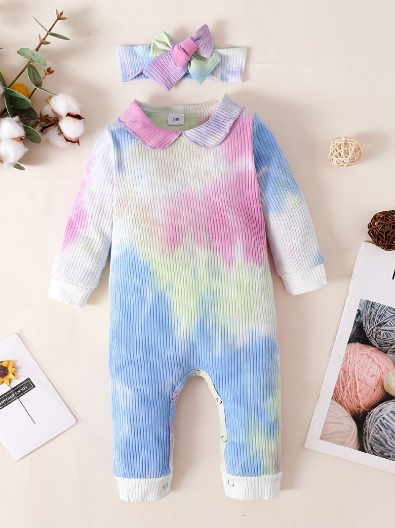 Babypiger Jumpsuits Langærmede Tie Dye Rompers & Sløjfe Pandebånd Sæt