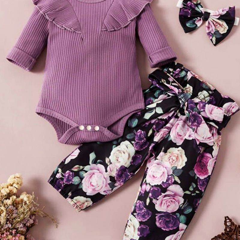 Babypiger Langærmet Romper + Blomstermønster + Pandebånd Sæt Babytøj Outfit Bodysuit Onesie Jumpsuit