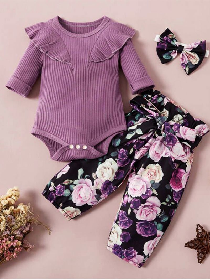 Babypiger Langærmet Romper + Blomstermønster + Pandebånd Sæt Babytøj Outfit Bodysuit Onesie Jumpsuit