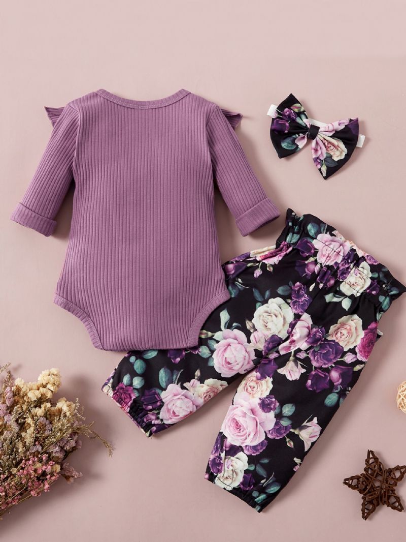 Babypiger Langærmet Romper + Blomstermønster + Pandebånd Sæt Babytøj Outfit Bodysuit Onesie Jumpsuit