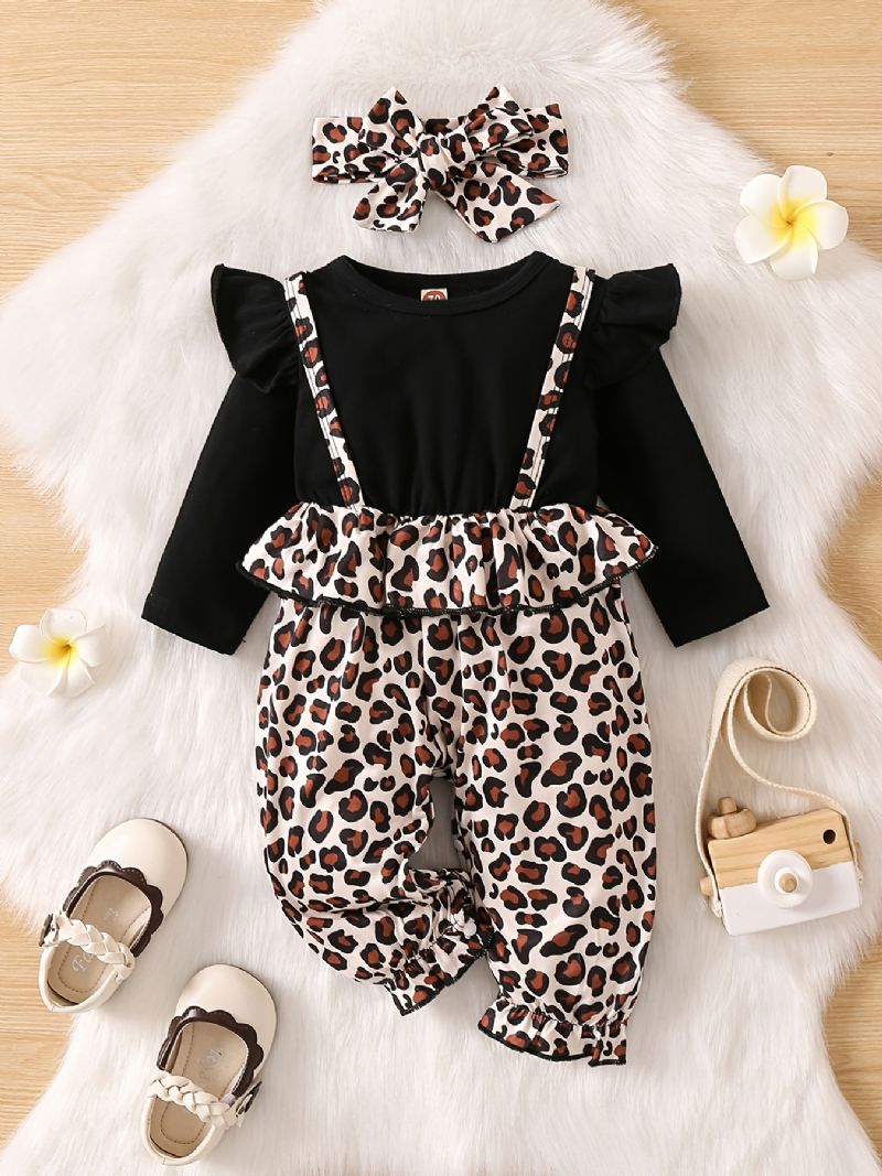 Babypiger Leopardmønster Jumpsuit Flæse Langærmet Onsie Babytøj