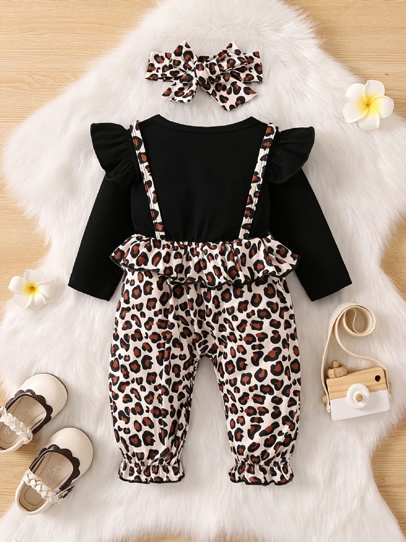 Babypiger Leopardmønster Jumpsuit Flæse Langærmet Onsie Babytøj