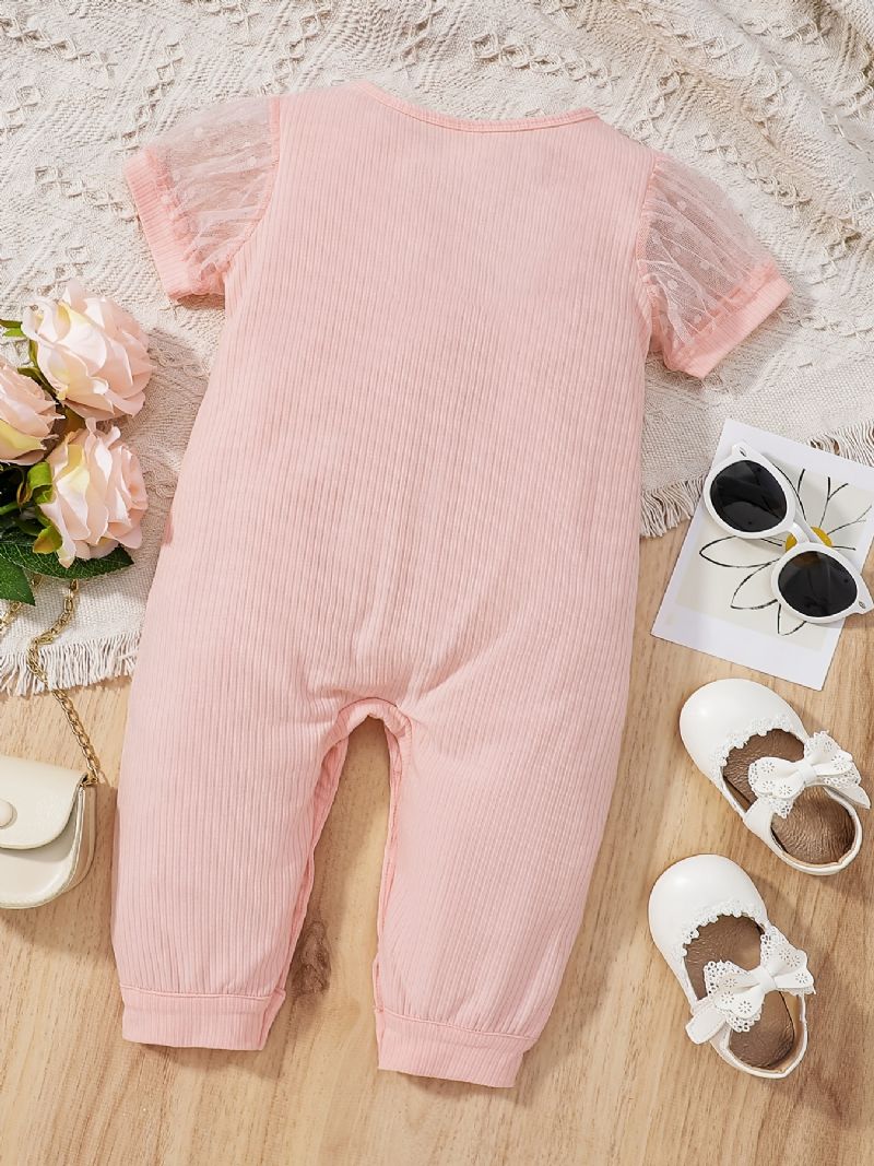 Babypiger Pufærmet Strikket Bukse Med Mesh Patch Kortærmet Solid Afslappet Jumpsuit