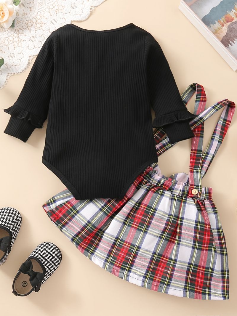 Babypiger Rullebukser Med Flæseærmer + Matchende Plaid Bowknot Seler Nederdelsæt Bodysuit Onesie Jumpsuit Babytøj