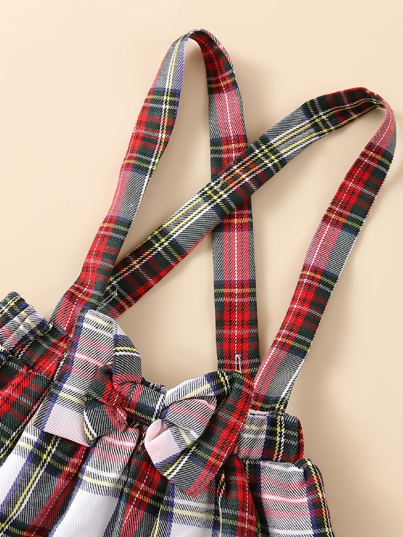 Babypiger Rullebukser Med Flæseærmer + Matchende Plaid Bowknot Seler Nederdelsæt Bodysuit Onesie Jumpsuit Babytøj