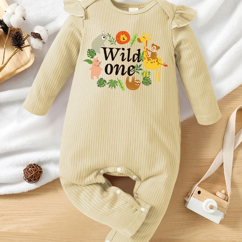 Babypiger Sød Tegnefilm Zoo Flueærmet Romper Med Wild One Print Langærmet Rundhals Blød Ribbet Jumpsuit