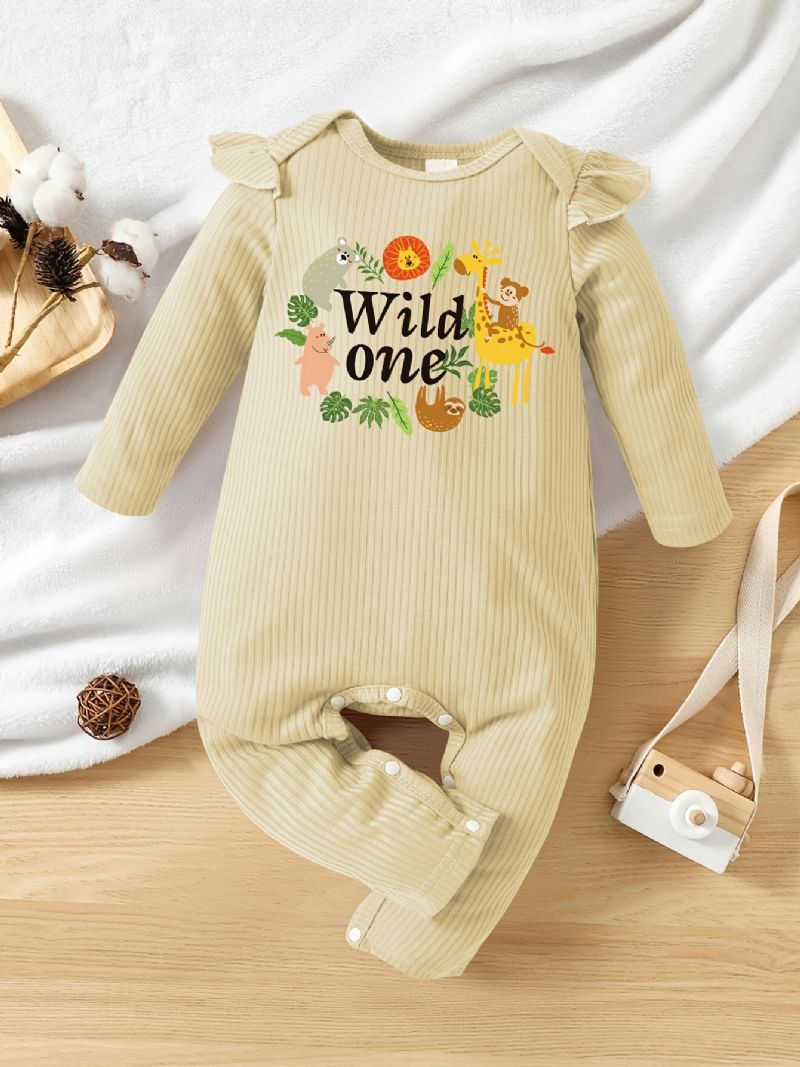 Babypiger Sød Tegnefilm Zoo Flueærmet Romper Med Wild One Print Langærmet Rundhals Blød Ribbet Jumpsuit