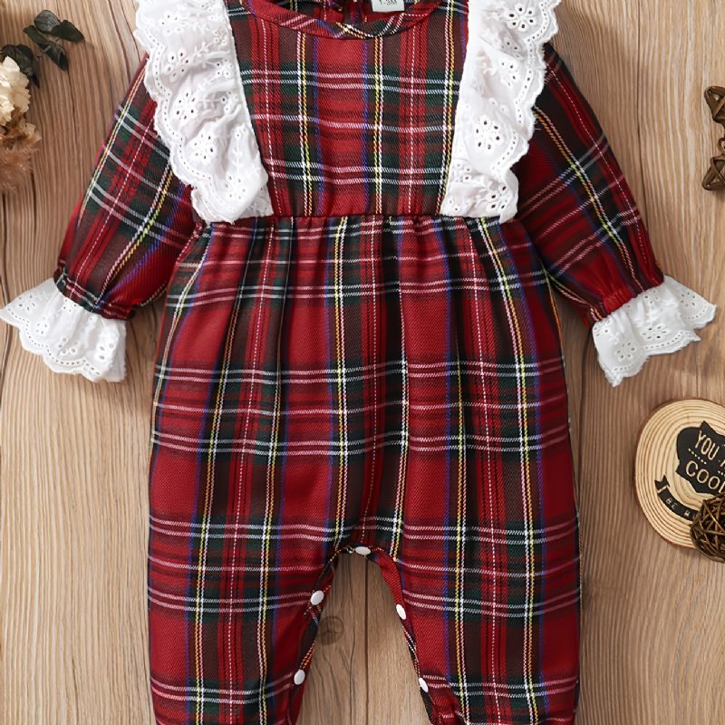 Christmas Baby Piger Sød Flæse Rød Plaid Langærmet Jumpsuit