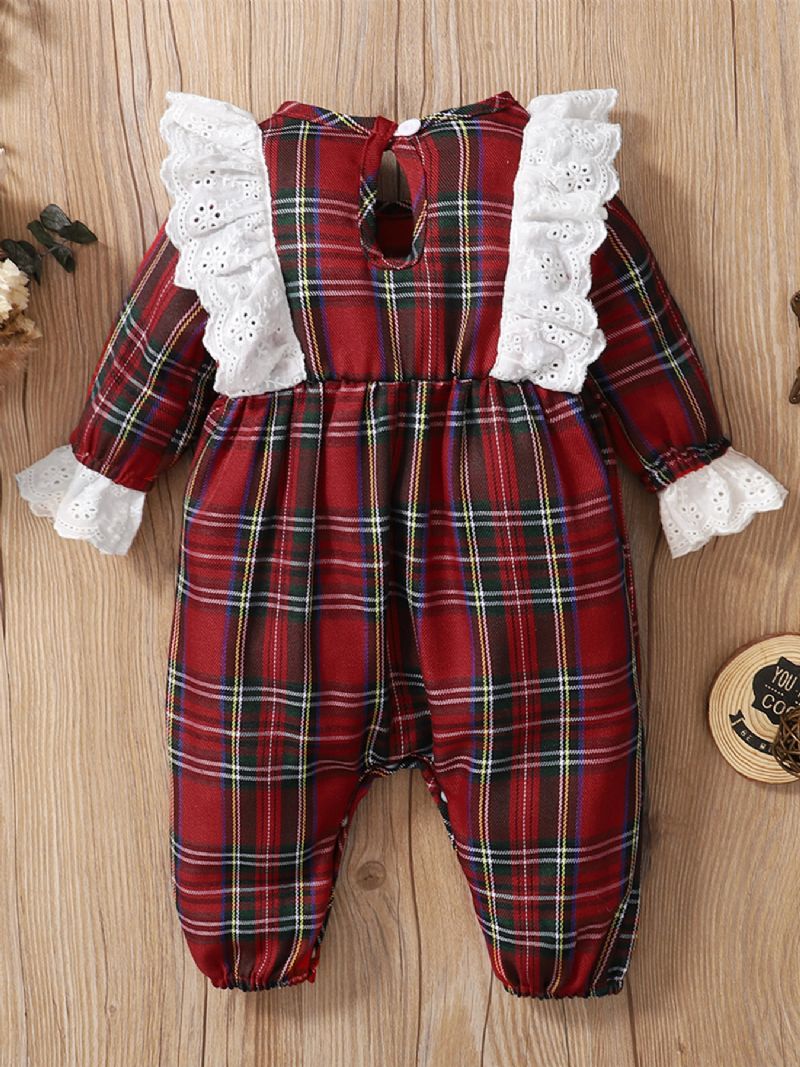 Christmas Baby Piger Sød Flæse Rød Plaid Langærmet Jumpsuit