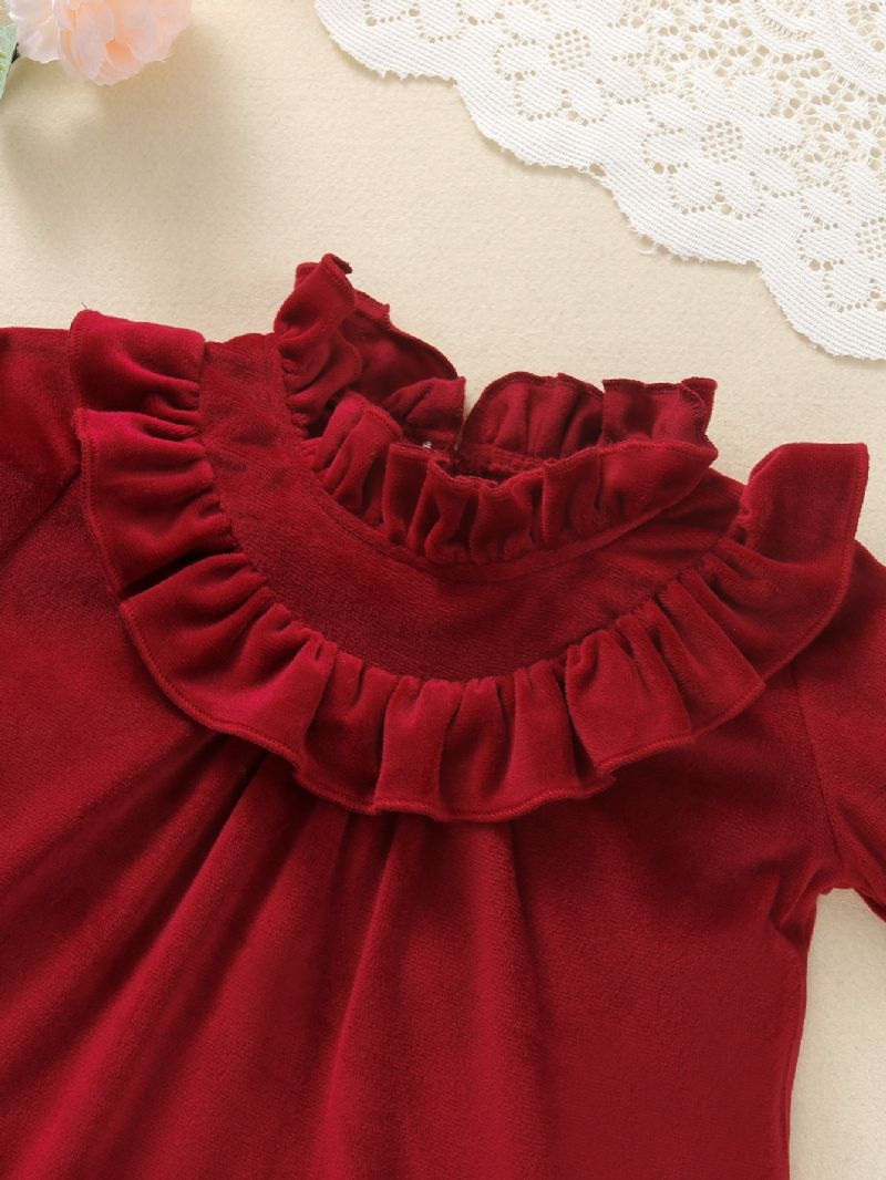 Christmas Toddler Piger Frilled Neck Langærmet Red Velvet Jumpsuit