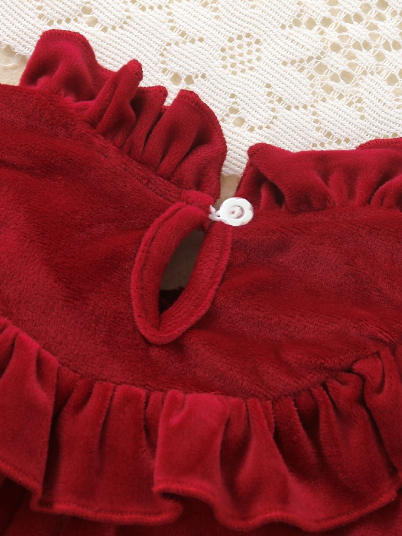 Christmas Toddler Piger Frilled Neck Langærmet Red Velvet Jumpsuit