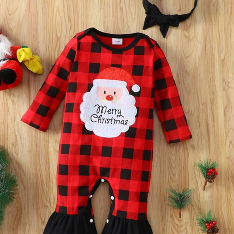 Juleprisnedskæringer Babypiger Plaid Julemandsprint Langærmede Jumpsuit Casual Fleece Til Vinter