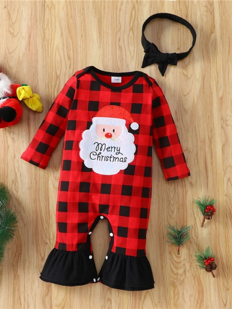 Juleprisnedskæringer Babypiger Plaid Julemandsprint Langærmede Jumpsuit Casual Fleece Til Vinter