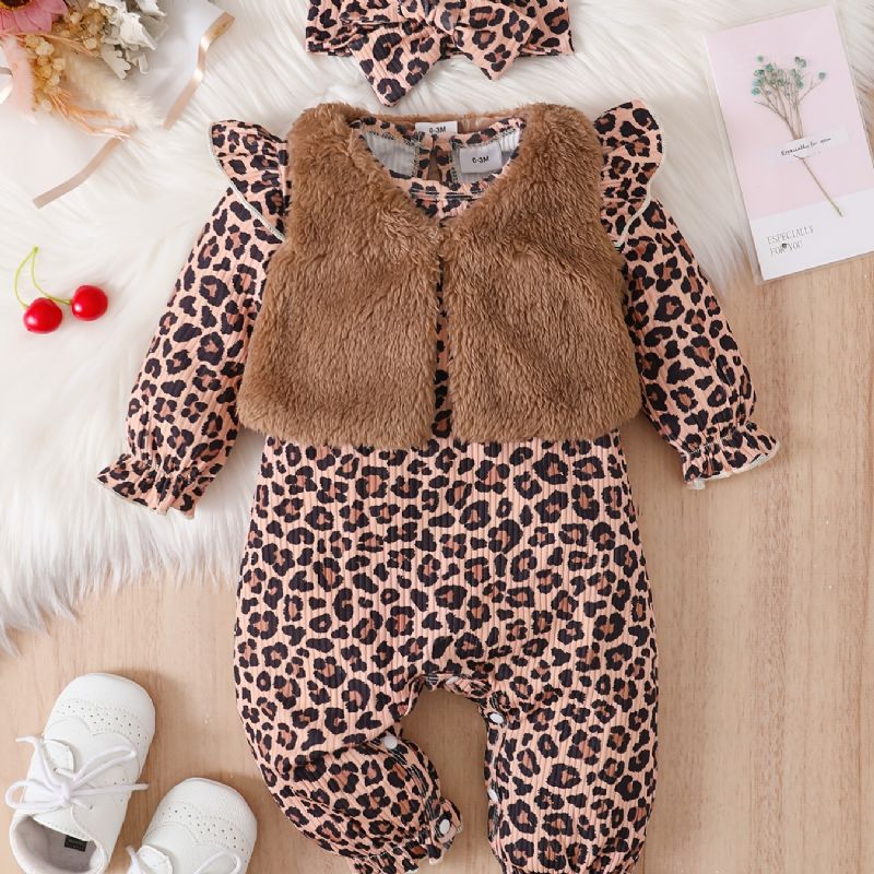 Langærmede Babypiger Jumpsuits Med Leopardprint Med Patchworkvest Og Pandebånd