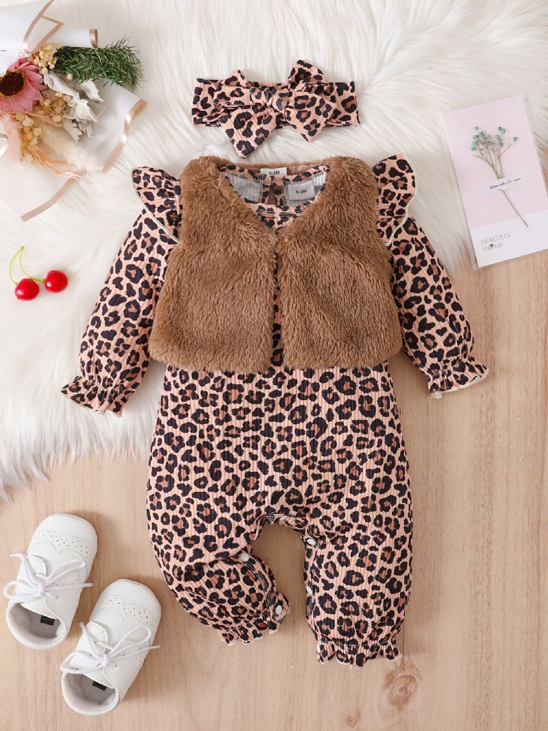 Langærmede Babypiger Jumpsuits Med Leopardprint Med Patchworkvest Og Pandebånd