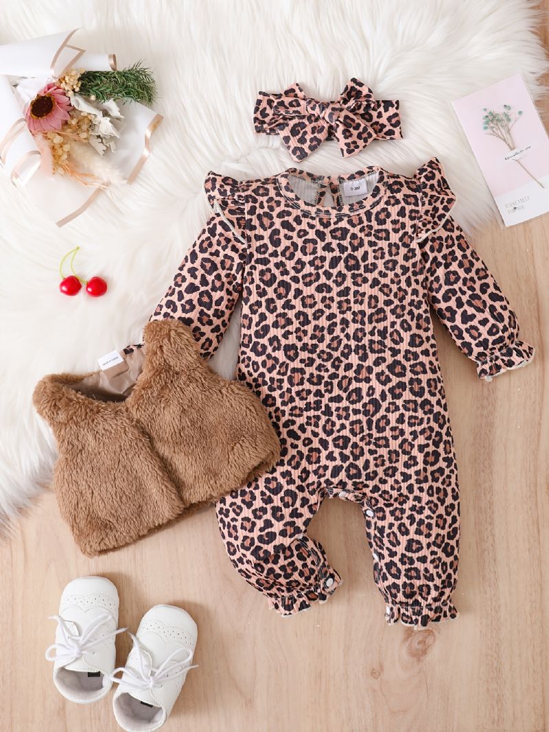 Langærmede Babypiger Jumpsuits Med Leopardprint Med Patchworkvest Og Pandebånd