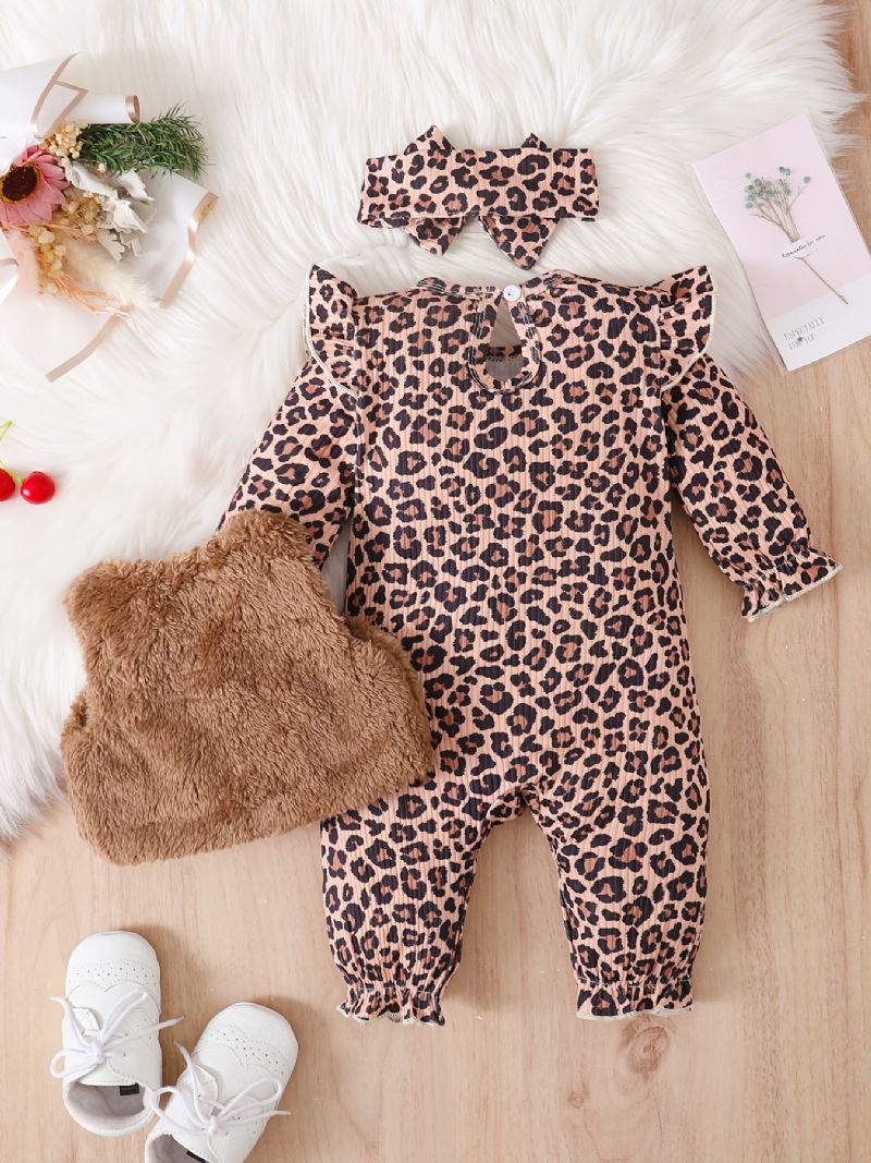 Langærmede Babypiger Jumpsuits Med Leopardprint Med Patchworkvest Og Pandebånd